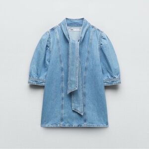 Zara Sky Blue Denim Blouse with Scarf Detail